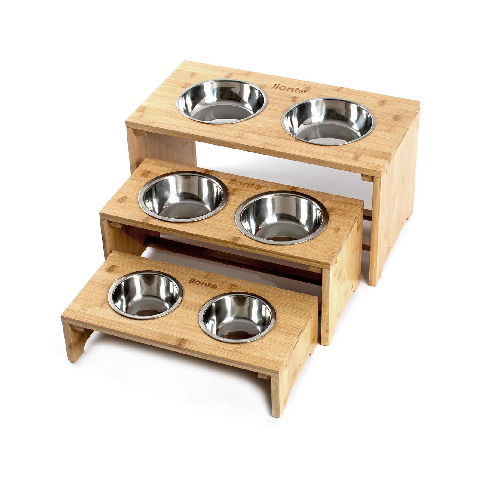 Erhöhter Hundenapfgestell aus Bambus mit Edelstahlnäpfen in drei verschiedenen Größen