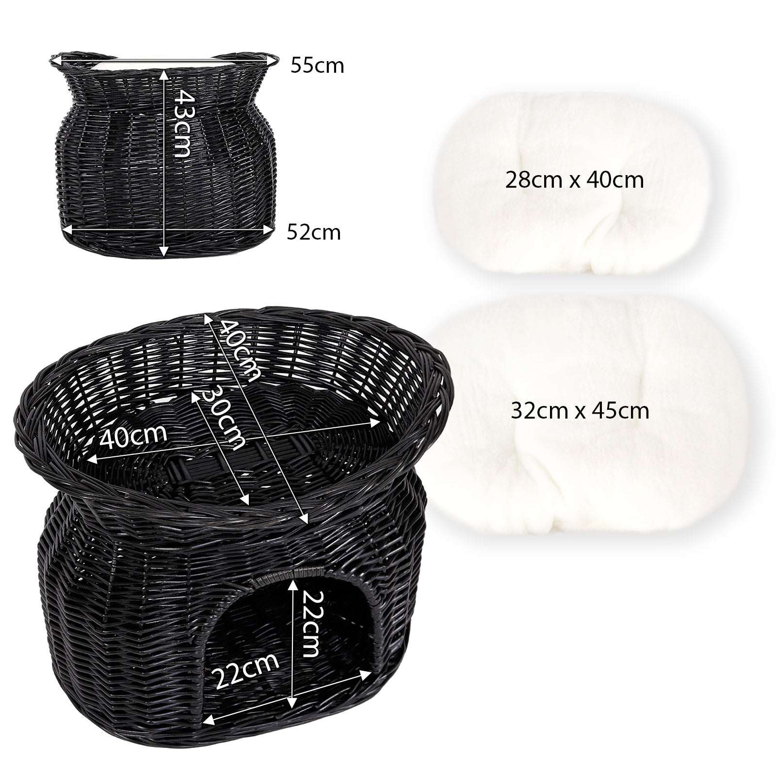 Gevlochten kattenmand wilg Kattenhol met kussen diverse kleuren 55x39x43 cm