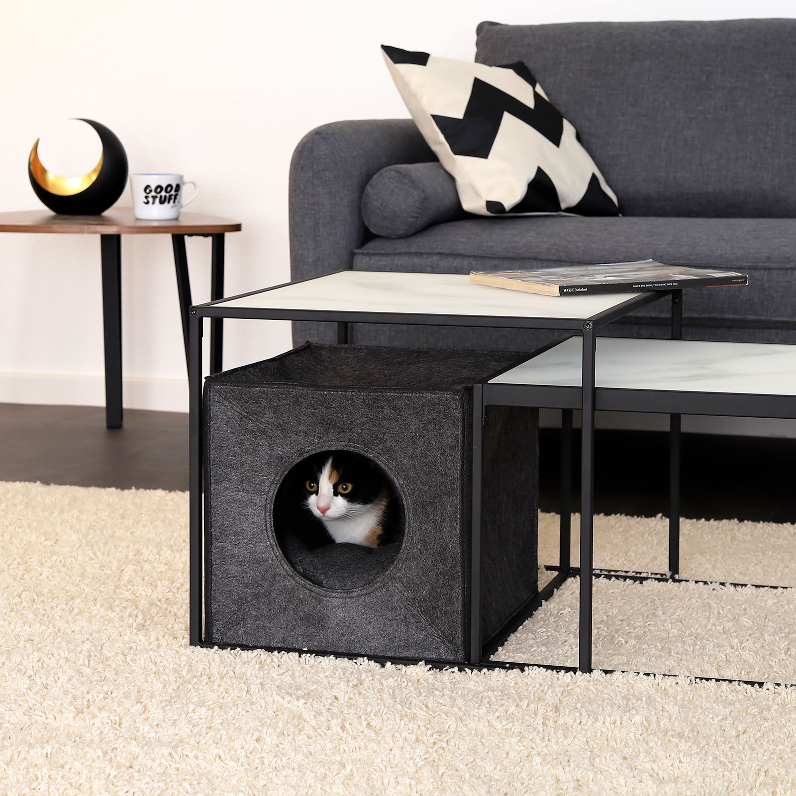 Katze sitzt in Katzenhöhle aus Filz unter Wohnzimmertisch
