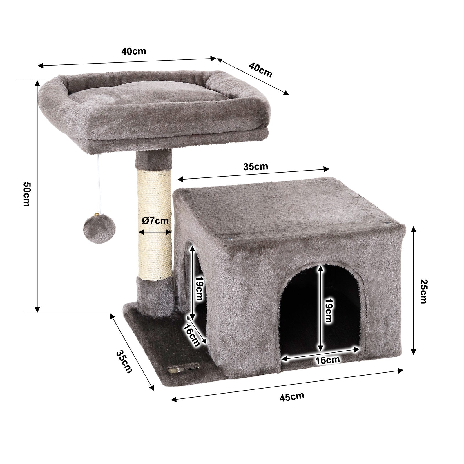 detaillierte Angabe aller Maße anhand des Kratzbaums