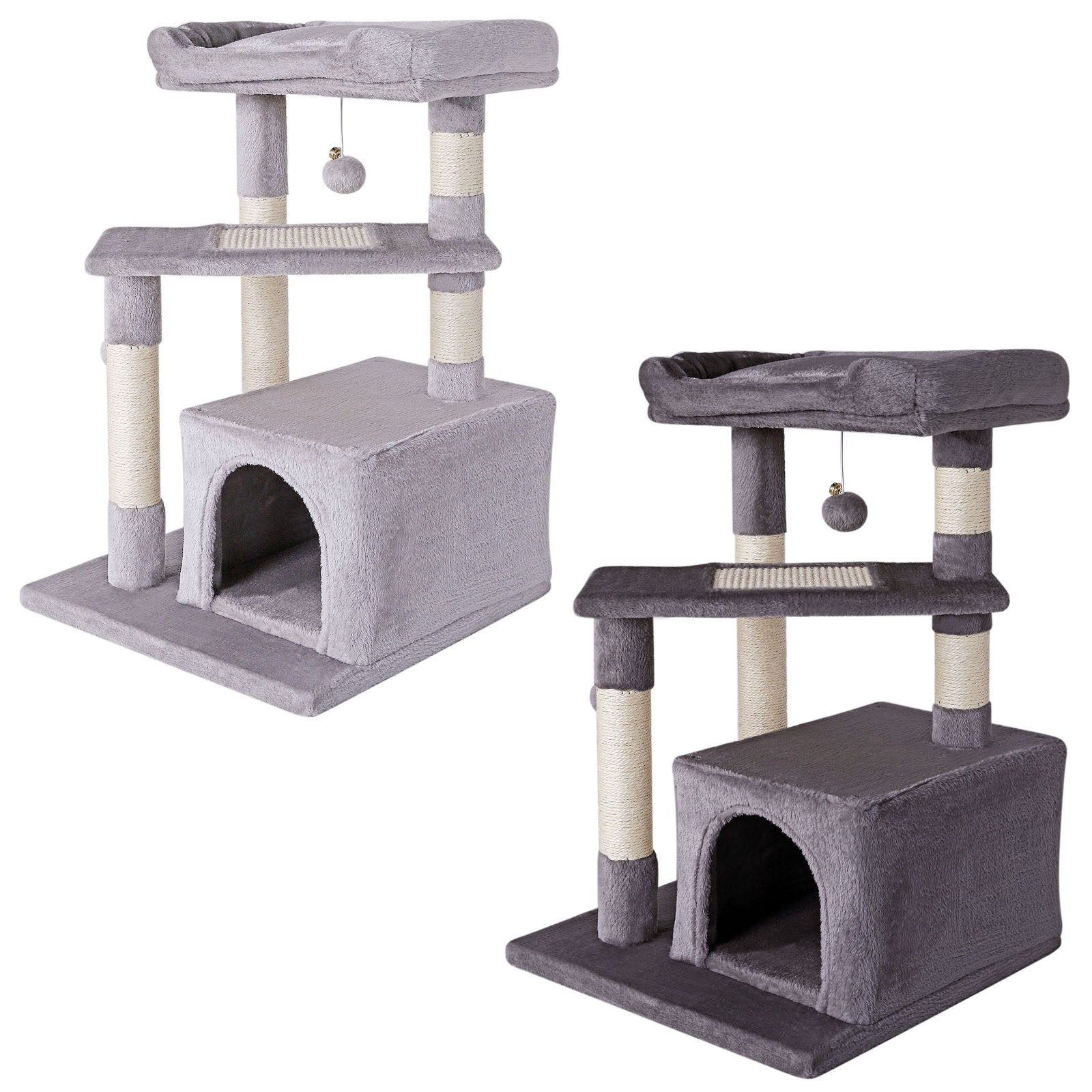 Kratzbaum in helggrau und grau mit Höhle, Plattformen und Spielbällen