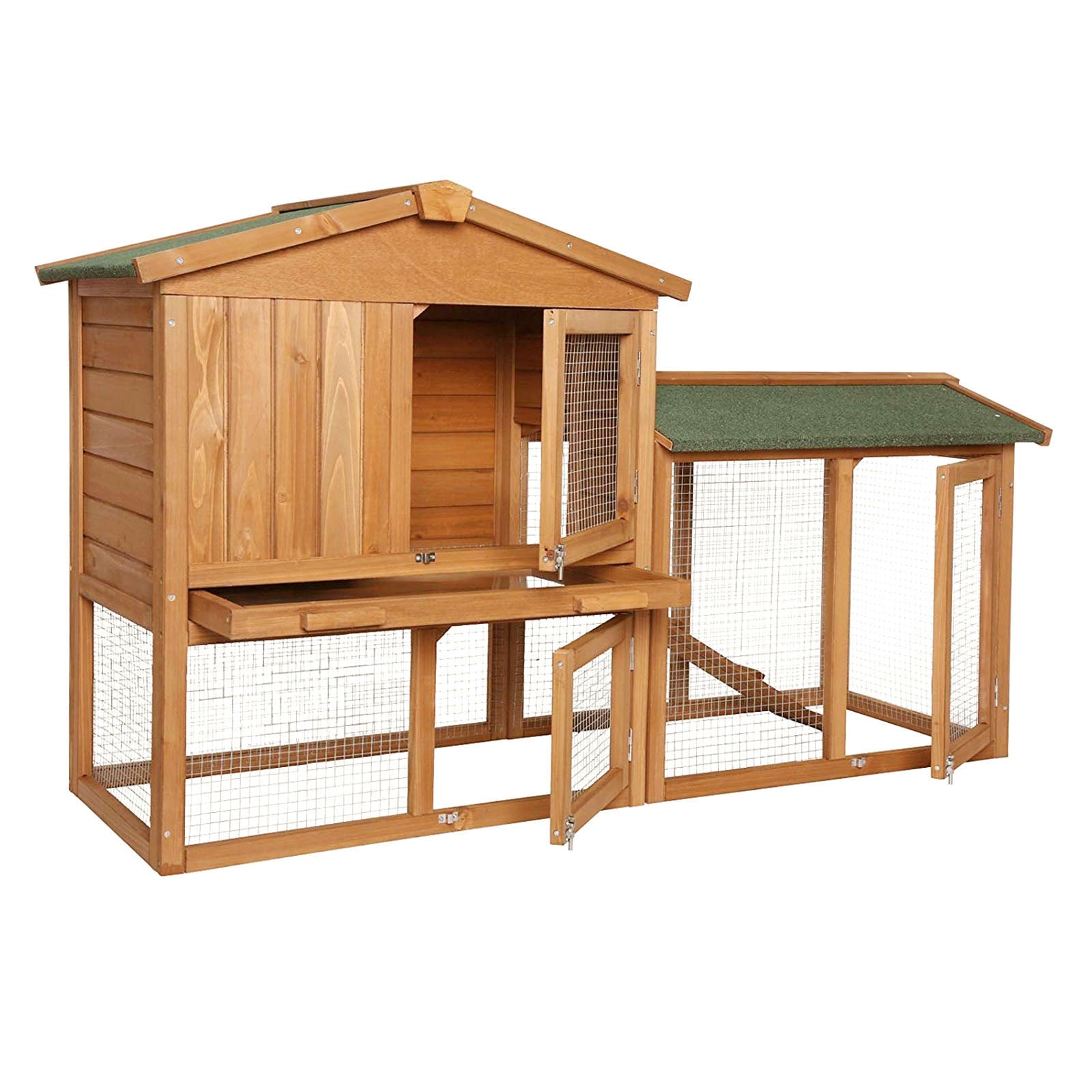 Kaninchenstall mit drei geöffneten Türen mit Drahtgitter-Einsätzen