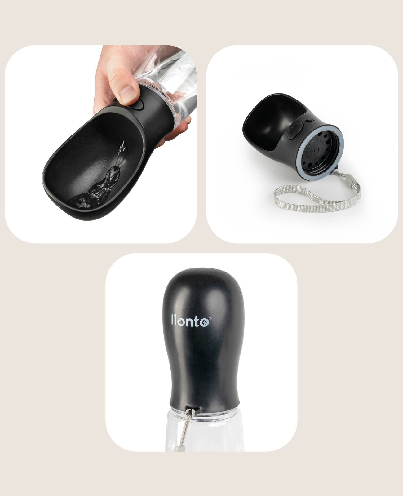 Knopf zur Aktivierung des Wasserflusses, abschraubbarer Deckel mit Sicherheitsschlaufe fürs Handgelenk und Firmenlogo auf Rückseite des Deckels eingraviert