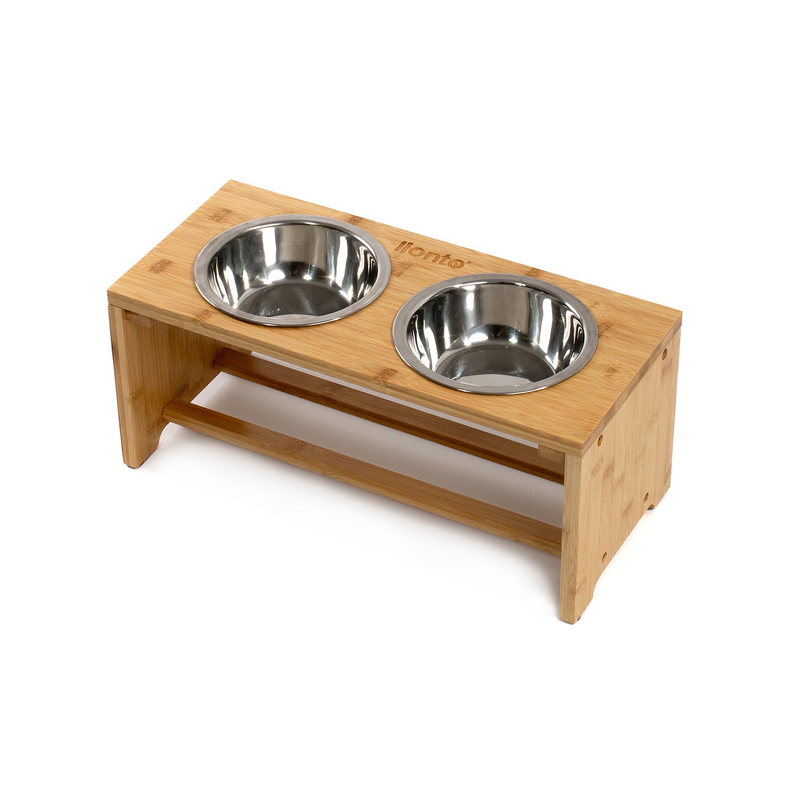erhöhte Hundenapfstation aus Bambus mit zwei Edelstahlnäpfen