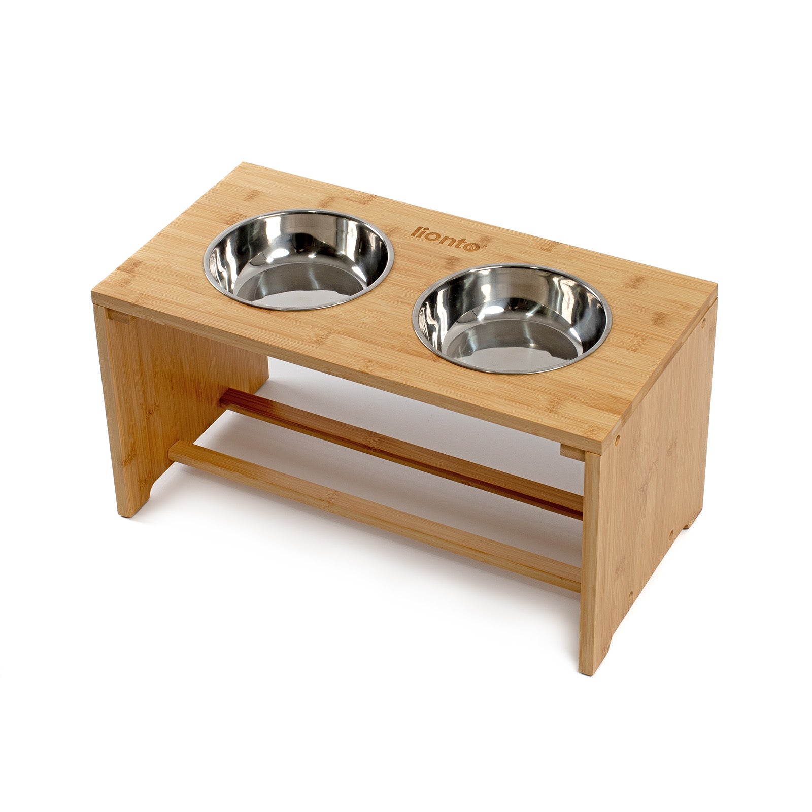 erhöhte Hundenapfstation aus Bambus mit zwei Edelstahlnäpfen