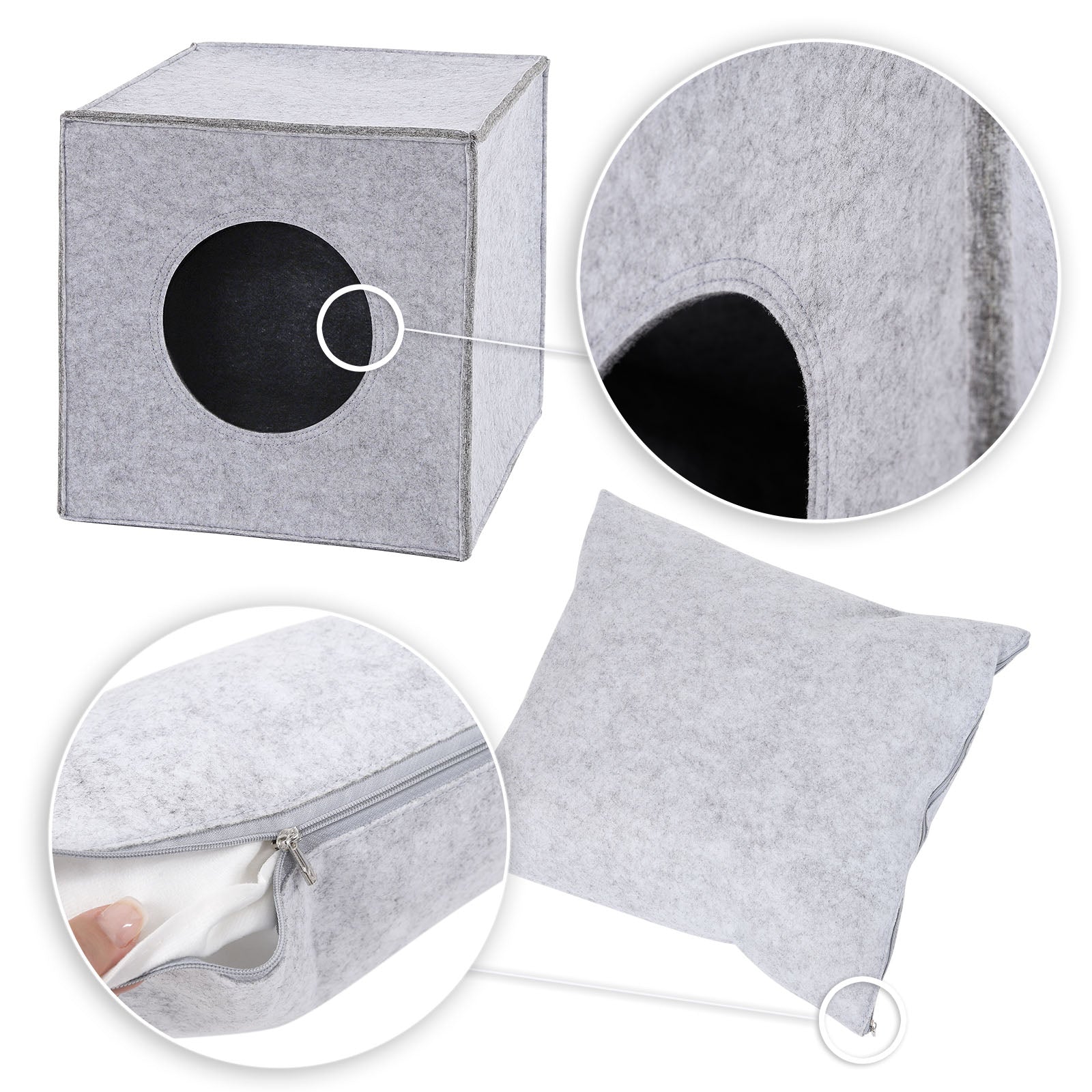 Kissen mit abnehmbarem Bezug und runde Öffnung mit abgenähtem Rand