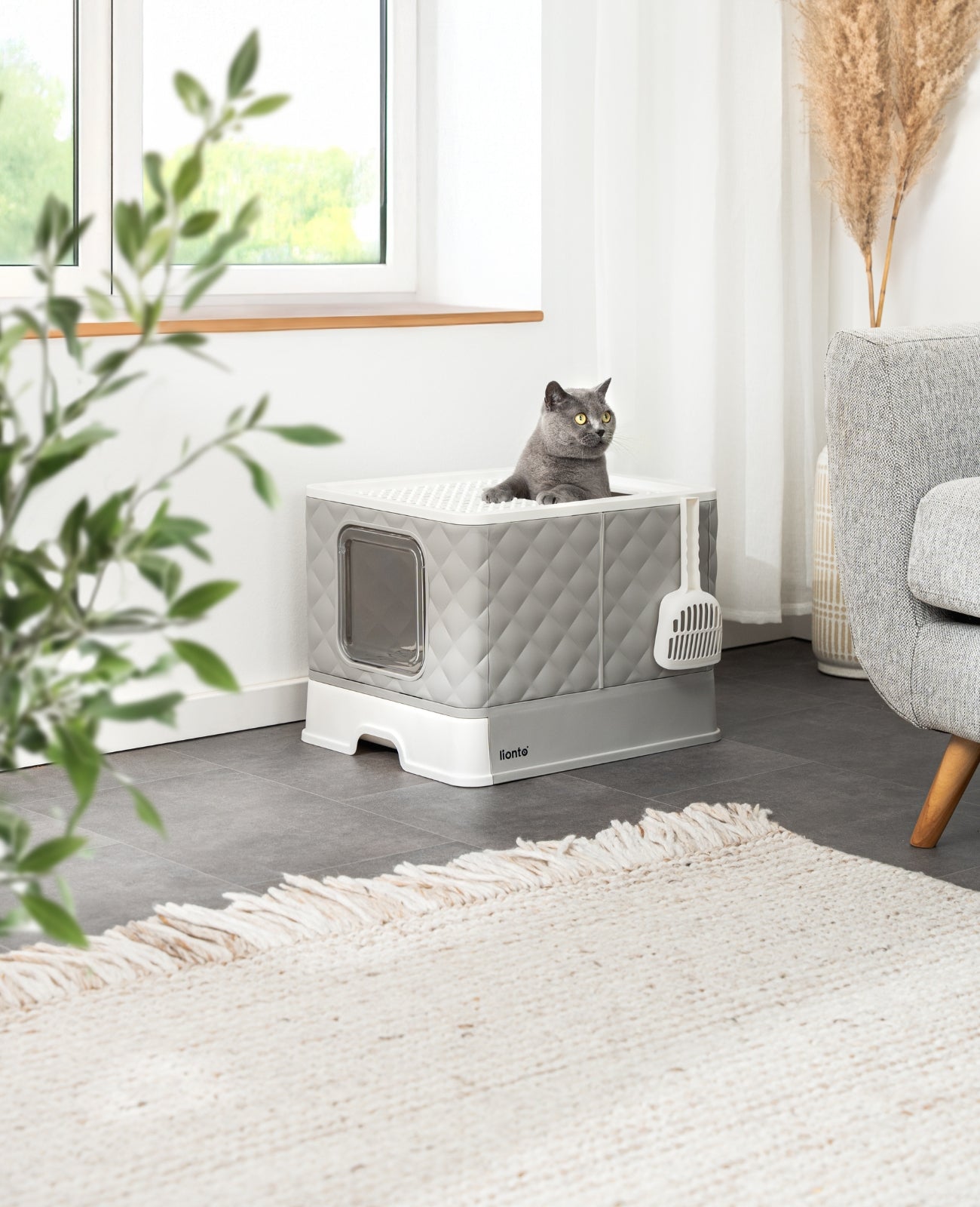 lionto Kattenbak met lade en schep, 50,5x40,8x37 cm, wit-grijs